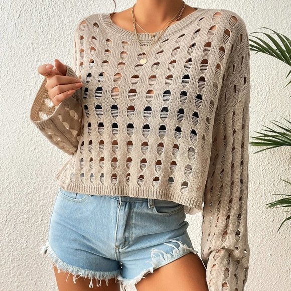 Khaki Boho Womens Hollow Out Drop Shoulder Cover Up - Picture 5 of 5